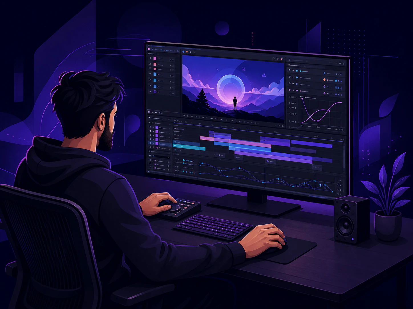 Illustration of Mohammed Nabil working on video editing and motion design